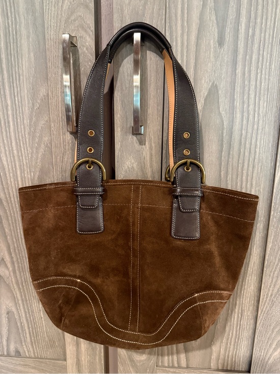 Coach Handbags - Y2K Coach Brown Suede Buckle Tote Bag with Dark Leather Straps